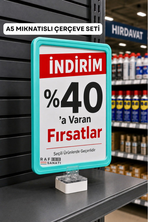 A5 Mıknatıs Tutuculu Fiyatlık Etiketlik – Dikey Yatay ve Bilgilendirme Çerçevesi Turkuaz