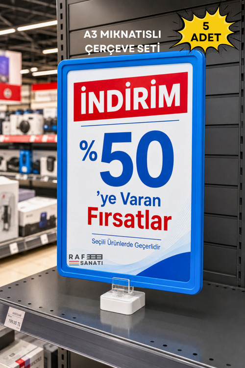 5 Adet - A3 Mavi Güçlü Mıknatıslı Fiyatlık Etiketlik – Dikey Yatay Afiş Fiyat Etiketi Çerçevesi Mavi