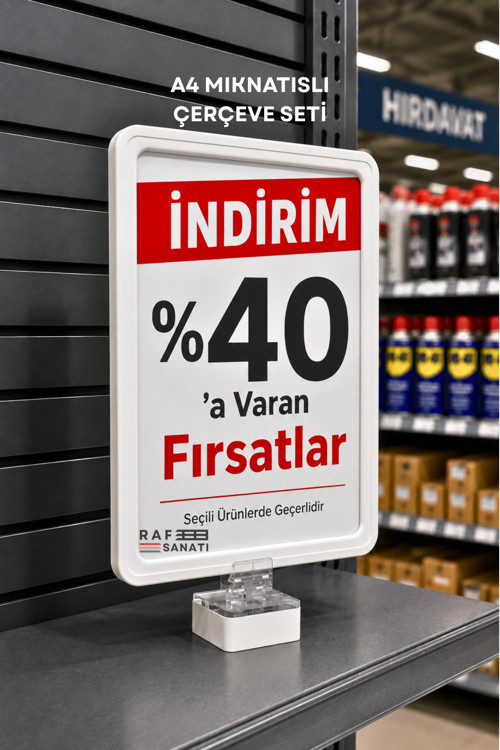 A4 Güçlü Mıknatıs Tutuculu Fiyatlık Etiketlik – Dikey Yatay ve Bilgilendirme Çerçevesi Beyaz
