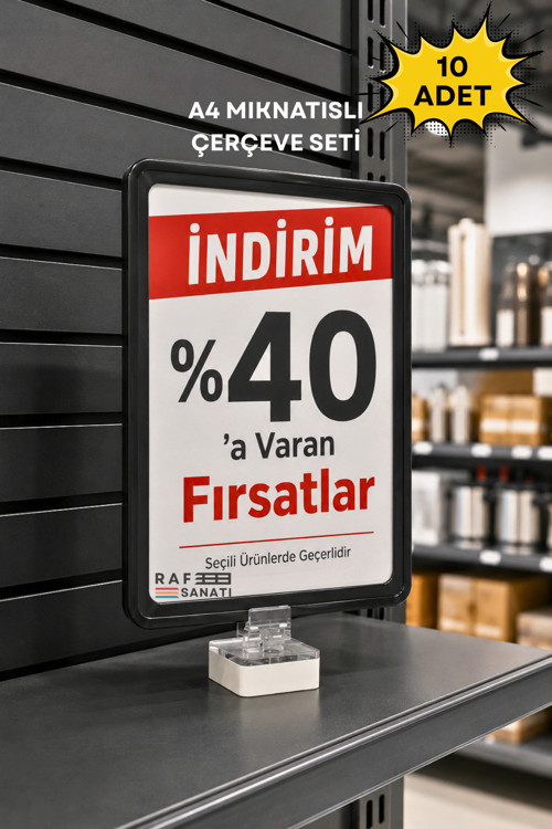 10 Adet - A4 Güçlü Mıknatıs Tutuculu Fiyatlık Etiketlik – Dikey Yatay ve Bilgilendirme Çerçevesi Siyah