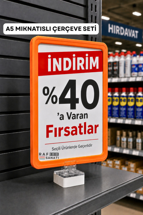 A5 Mıknatıs Tutuculu Fiyatlık Etiketlik – Dikey Yatay ve Bilgilendirme Çerçevesi Turuncu