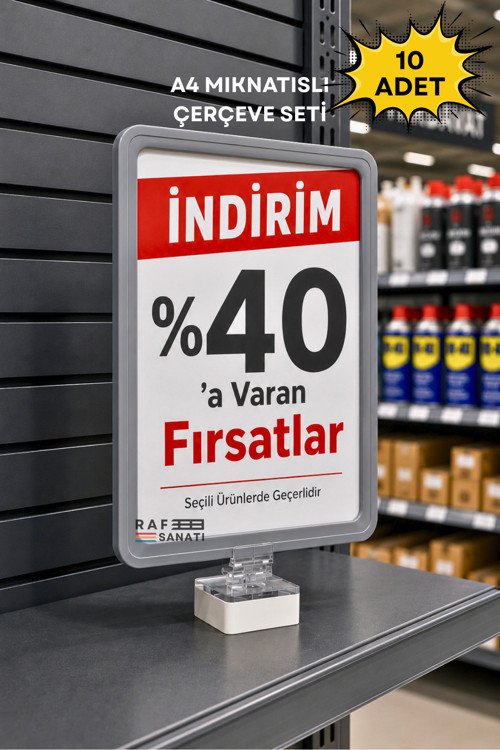 10 Adet - A4 Güçlü Mıknatıs Tutuculu Fiyatlık Etiketlik – Dikey Yatay ve Bilgilendirme Çerçevesi Gri