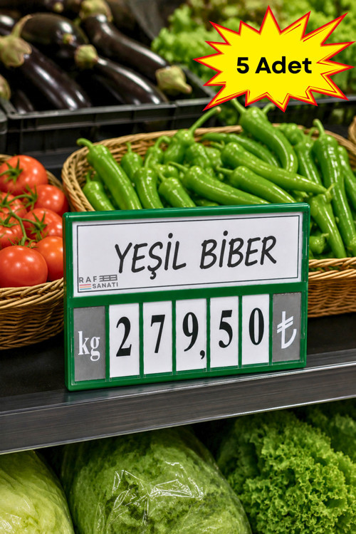 5 Adet - Fiyat Kasetlik Manav Kasap Şarküteri Etiketi Rakamlı Fiyatlık | Ayaklı Büyük Boy 123x84 mm | Yeşil
