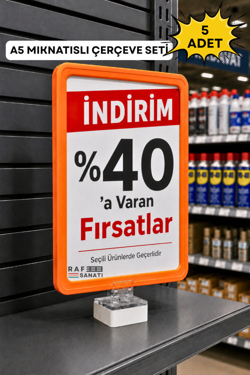 5 Adet - A5 Mıknatıs Tutuculu Fiyatlık Etiketlik – Dikey Yatay ve Bilgilendirme Çerçevesi Turuncu