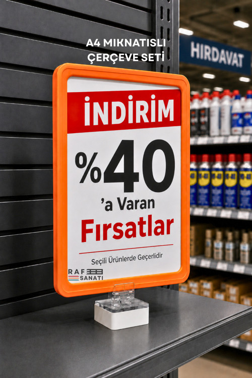 A4 Güçlü Mıknatıs Tutuculu Fiyatlık Etiketlik – Dikey Yatay ve Bilgilendirme Çerçevesi Turuncu