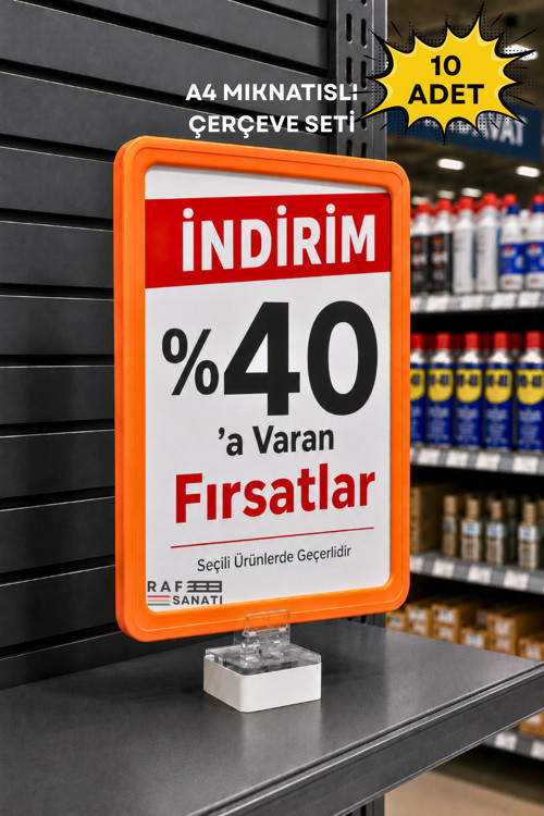 10 Adet - A4 Güçlü Mıknatıs Tutuculu Fiyatlık Etiketlik – Dikey Yatay ve Bilgilendirme Çerçevesi Turuncu