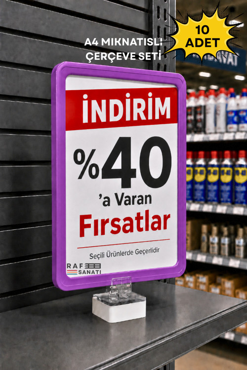 10 Adet - A4 Güçlü Mıknatıs Tutuculu Fiyatlık Etiketlik – Dikey Yatay ve Bilgilendirme Çerçevesi Mor