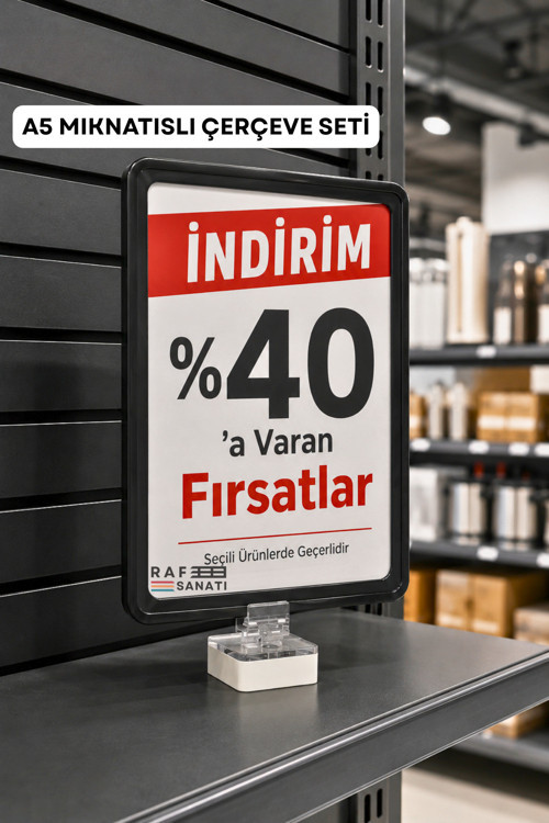 A5 Mıknatıs Tutuculu Fiyatlık Etiketlik – Dikey Yatay ve Bilgilendirme Çerçevesi Siyah