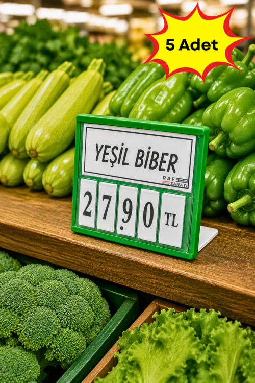 5 Adet - Fiyat Kasetlik Manav Kasap Şarküteri Etiketi Rakamlı Fiyatlık | Ayaklı Küçük Boy 77x62 mm | Yeşil