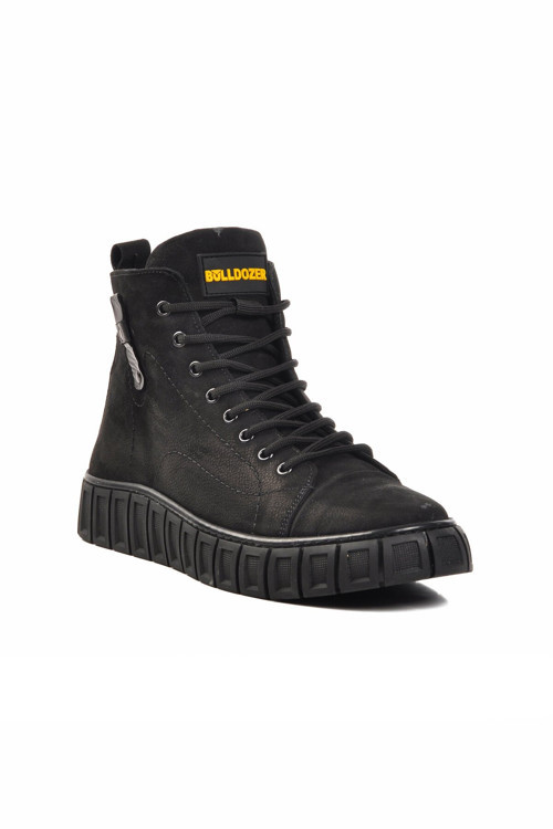 Erkek Siyah Nubuk Hakiki Deri Kalın Kaymaz Taban Bağcıklı Günlük Sneaker Bot 250212 M