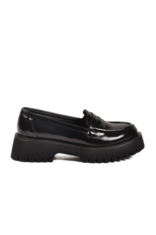 Kadın Siyah Rugan Kalın Taban Rahat Klasik Ofis Casual Loafer Ayakkabı 572453 Z