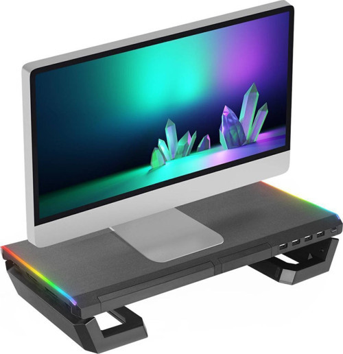 ST1 4 USB Hub RGB Işıklı Katlanabilir Yükseklik Ayarlı Siyah Monitör Standı