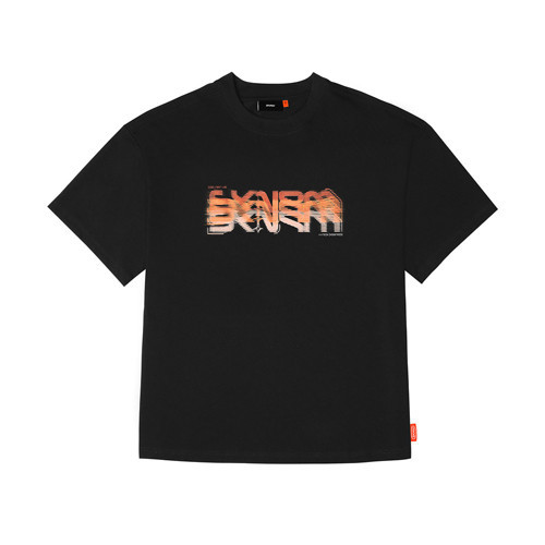 Glitch Kısa Kollu Oversize Unisex Bisiklet Yaka Siyah Tişört Large