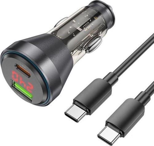 HC 48W 2x Type-C Girişli ve 1mt Type C Kablolu Süper Hızlı Araç Şarjı,Akım,Voltaj,Isı Korumalı