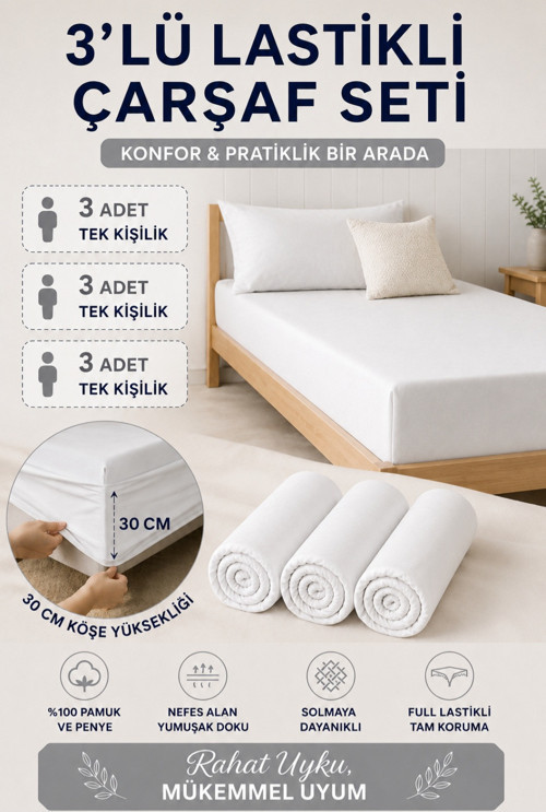 3'lü Set Çarşaf Tek Kişilik Penye 100x200 Lastikli çarşaf