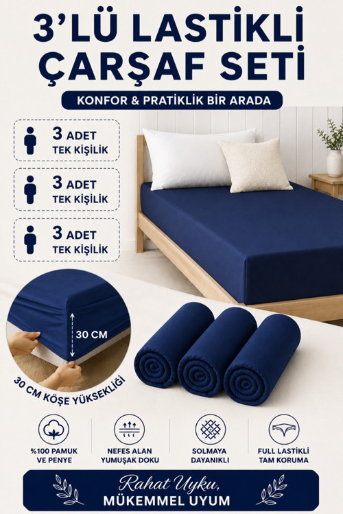 3'lü Set Tek Kişilik Lastikli Çarşaf Penye Çarşaf 100x200 %100 Penye ve Pamuktan Yumuşak Kumaş