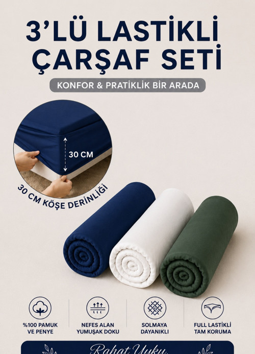 3'lü Set Tek Kişilik Lastikli Çarşaf Penye Çarşaf 100x200 %100 Penye ve Pamuktan Yumuşak Kumaş