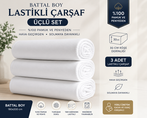 Battal Boy çarşaf 3'lü Set 180x200 Lastikli penye çarşaf %100 Penye