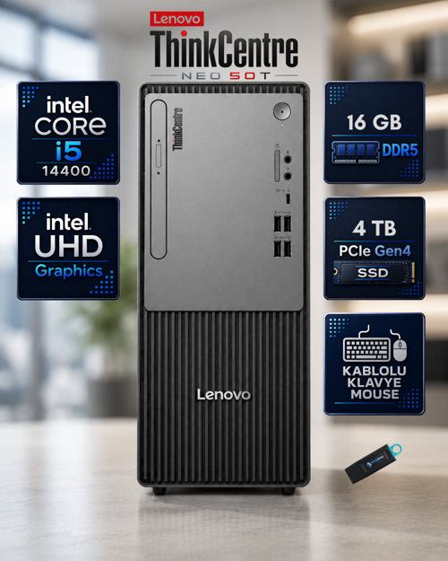 ThinkCentre Neo 50t Gen 5 Intel Core i5-14400 16 GB DDR5 4 TB SSD FreeDos Mini Tower Masaüstü Bilgisayar Siyah 12