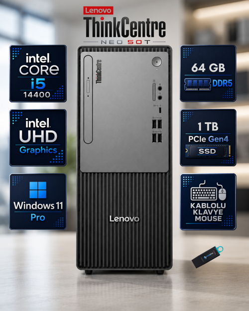 ThinkCentre Neo 50t Gen 5 Intel Core i5-14400 64 GB DDR5 1 TB SSD Windows 11 Pro Mini Tower Masaüstü Bilgisayar S