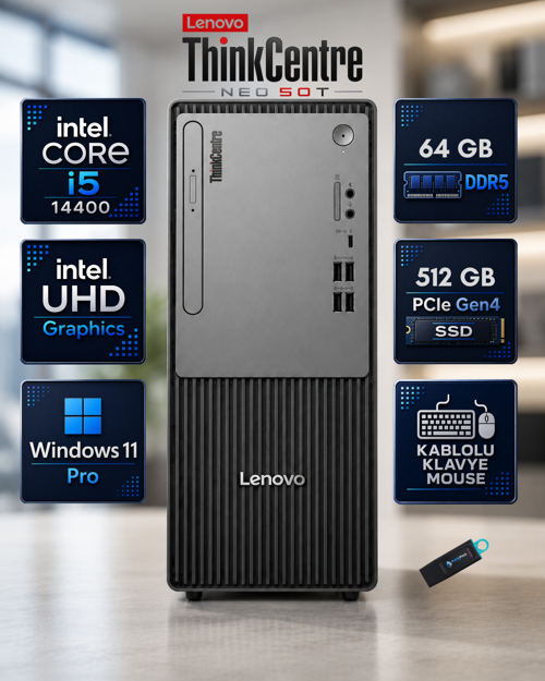 ThinkCentre Neo 50t Gen 5 Intel Core i5-14400 64 GB DDR5 512 GB SSD Windows 11 Pro Mini Tower Masaüstü Bilgisayar