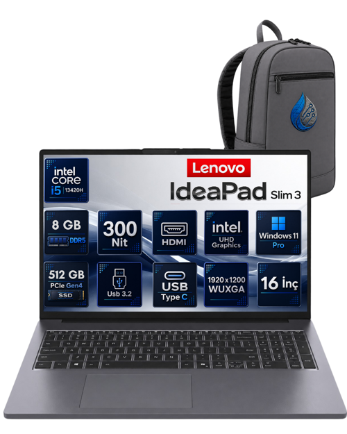 IdeaPad Slim 3 Intel Core İ5-13420H 8 GB DDR5 512 GB SSD 16'' WUXGA IPS Windows 11 Pro Dizüstü Bilgisayar 83K2007