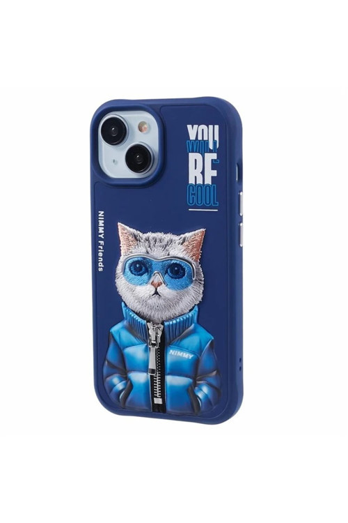 iPhone 15 Uyumlu | 3D Gerçek Nakış İşlemeli Fermuarlı Mont ve Gözlük Detaylı Premium Kedi Kılıf 2.0
