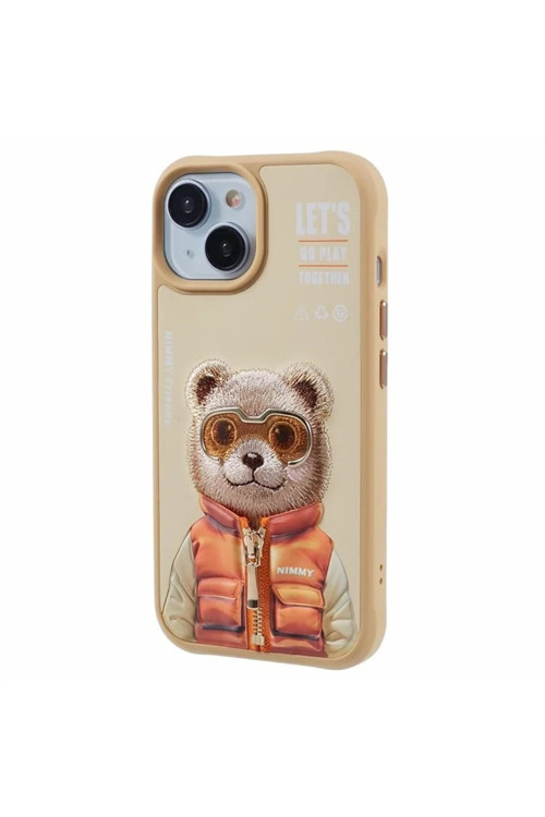iPhone 15 Uyumlu | 3D Gerçek Nakış İşleme Fermuarlı Mont ve Gözlük Detaylı Premium Ayıcık Kılıf 2.0