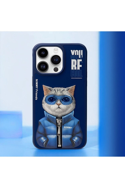iPhone 15 Pro Max Uyumlu | 3D Gözlük ve Fermuarlı Mont Detay Gerçek Nakış İşlemeli Kedili Kılıf 2.0