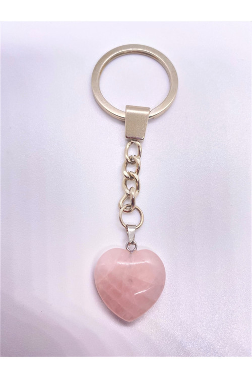 Pembe Kuvars Taşı Doğal Taş Kalp Anahtarlık Hediyelik