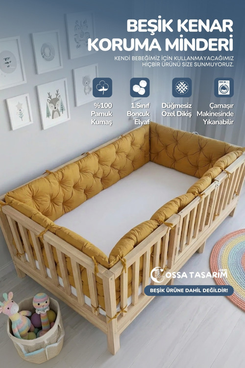 Beşik Kenar Koruma Minderi %100 Pamuk - Montessori Yatak Uyumlu - Hardal Sarı - Buble Soft