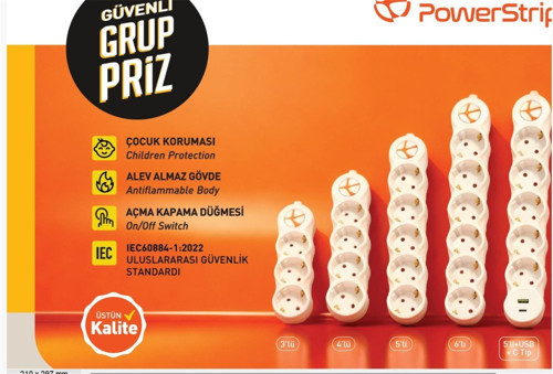 TUNCMATIK POWERSTRIP5 5 li 5m IEC 66884-1:2022 Standartı, FR(Alev Almaz)anahtarlı grup priz