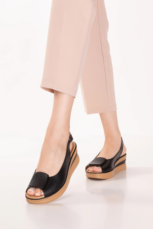 Hakiki Deri Platform Taban Sandalet pkr.1802 Siyah