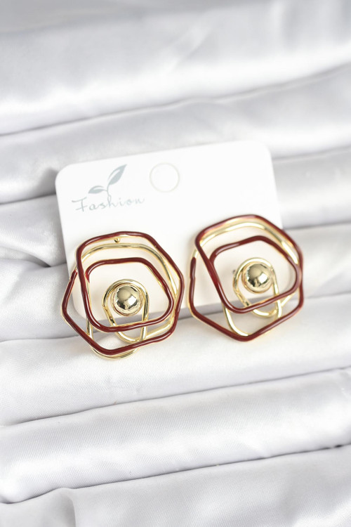 Pirinç Gold Renk Bordo Mineli Geometrik Gül Model Kadın Küpe