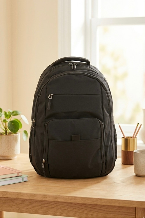 Siyah Unisex Su Geçirmez Çok Gözlü Laptop Bölmeli Okul Sırt Çantası - Ortaokul Lise 5824