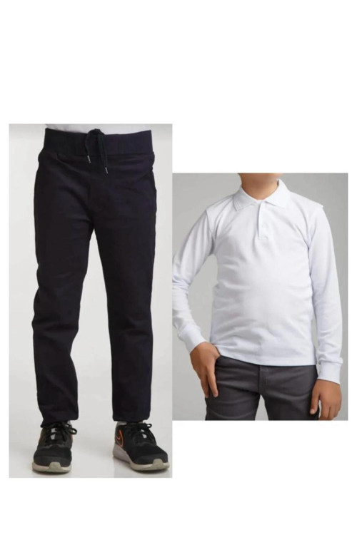 Unisex Çocuk Ribana Bel Keten Füme Okul Pantolonu + Polo Yaka Uzun Kol T-shirt