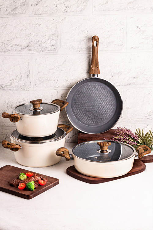 Mango Kitchen Aqua Crystal - 7 Parça Granit Tencere Seti Krem Mastercook Yapışmaz Tencere Tava Seti