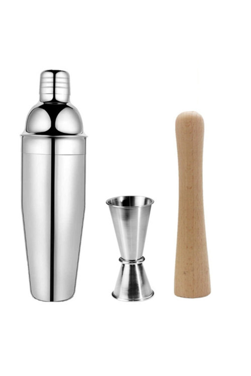 3 Parça Profesyonel Barmen Seti - Paslanmaz Shaker, Ahşap Tokmak, 2/4 Jigger