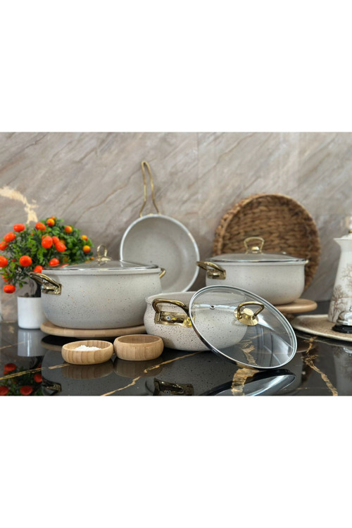 7 Parça Gold Demir Kulp Beyaz Granit Tencere Seti (Hediyeli Ürün)