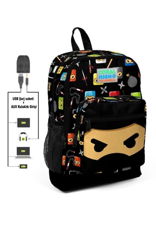 Coral High Kids Dört Gözlü Erkek Çocuk Ilkokul Çantası - Ninja Baskılı - Usb+aux Soketli
