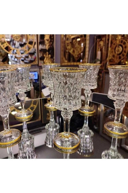6lı Yaldızlı Kristal Ayaklı Su Bardağı Kahve Yanı Su Bardak