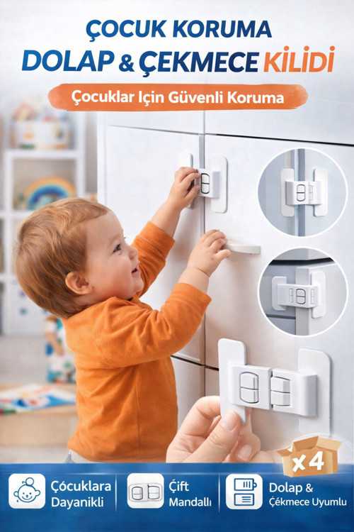 Çocuk Güvenlik Dolap ve Çekmece Kilidi 4 Adet – Mandallı Bebek Koruma Kilidi