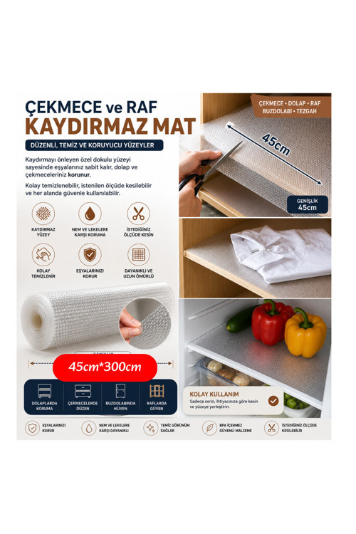45x300 cm Kaydırmaz Raf ve Çekmece Örtüsü Dolap İçi Koruyucu Mat Buzdolabı Raf Düzenleyici Rulo 1 adet