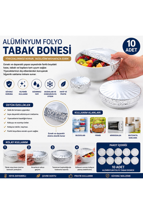 10 Adet Alüminyum Folyo Tabak Bonesi Elastik Gıda Koruma Kapağı Streç Kapak Kase ve Tabak Örtüsü