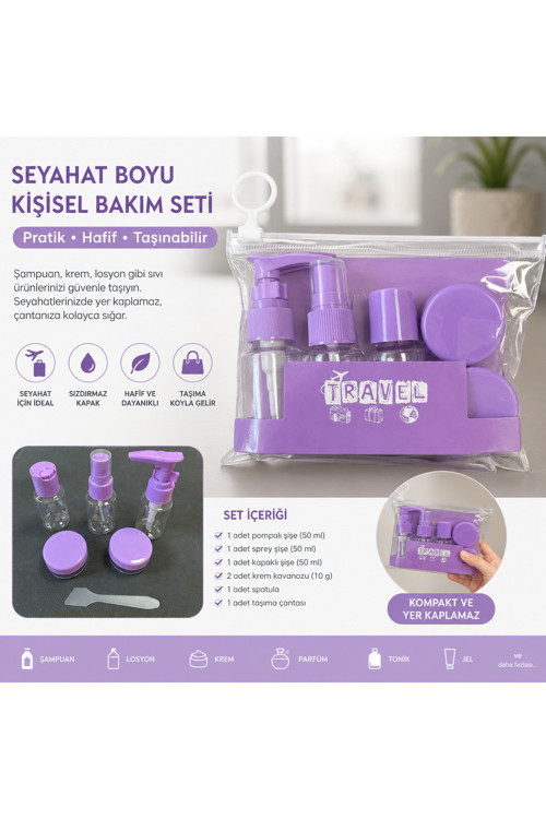 Seyahat Mini Boy Kişisel Bakım Şişe Seti 7 Parça – Uçak Kabin Uyumlu Kozmetik Aktarma Seti, Losyon, Şampuan, Krem ve Parfüm Taşıma Çantalı