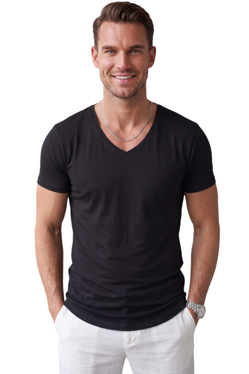 Siyah Erkek Slim Fit Derin V Yaka Basic Tişört %90 Pamuk Likralı Asimetrik Kesim 2602265