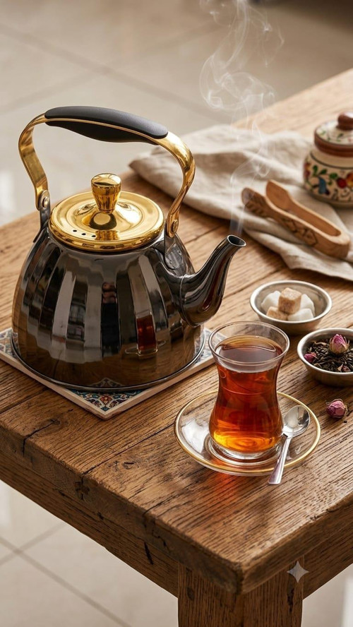 Siyah 2 litre Çaydanlık SİYAH Paslanmaz Çelik Çaydanlık Aynalı Gövde Ergonomik Sap 5 Katmanlı Kapsül Taban İTHAL DEMLİ
