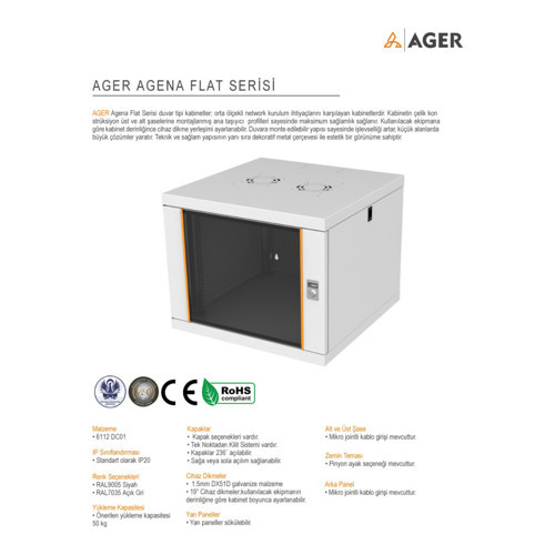 Agena Flat Demonte 12U W=600mm D=600mm 19'' Duvar Tipi Kabinet