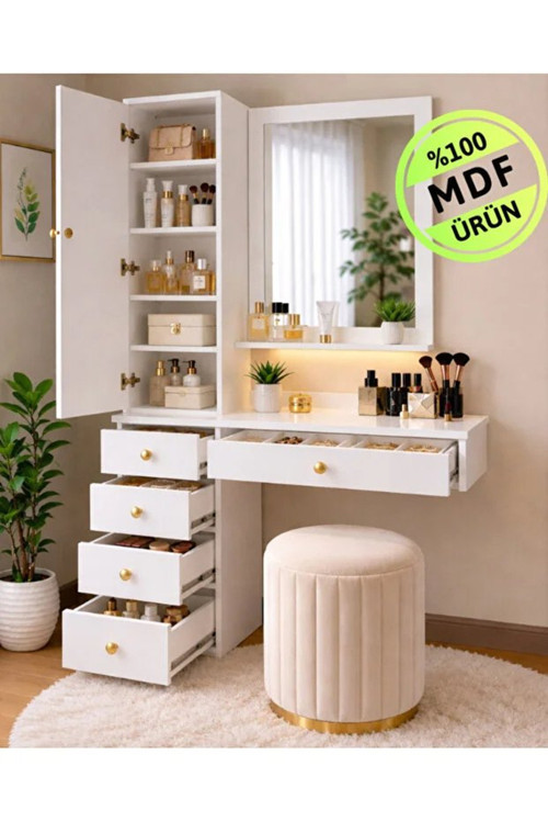 Aras Aynalı Makyaj Masası Beyaz MDF 5 Raflı Çok Amaçlı Takı Dolaplı Şifonyer