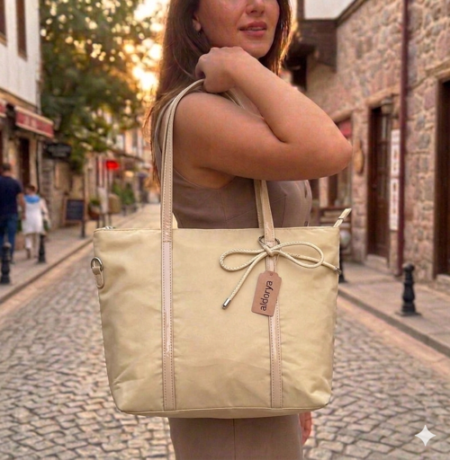 Aldorya Kumaş Shopper Omuz Çantası - Günlük Geniş El Ve Kol Çantası Krem